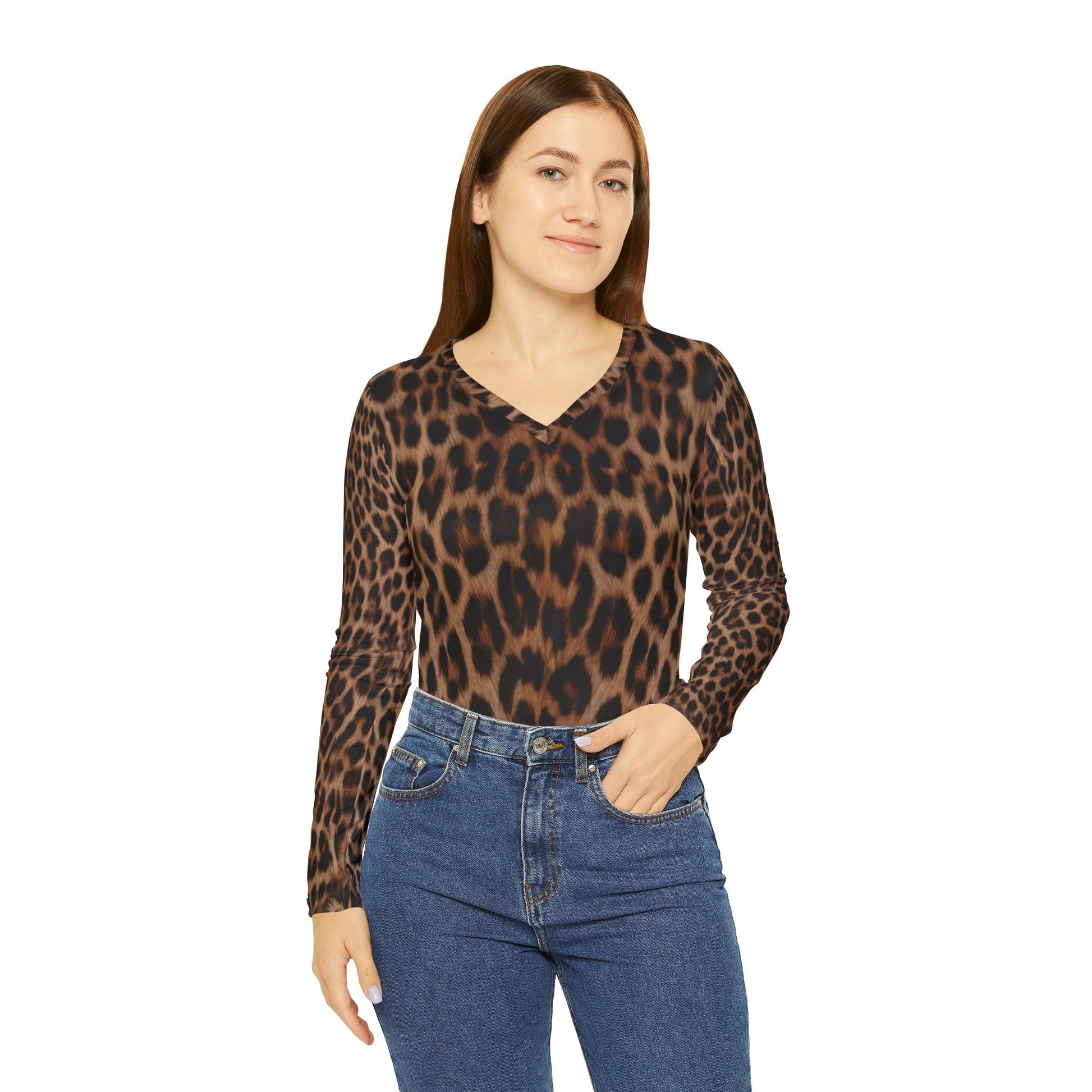 Leopard Print Women's Long Sleeve V-neck Shirt - Alfano Dry Goods